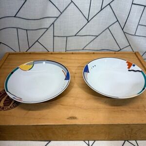 Studio Nova Orbit Bowls 8.25" White Normal Wear Memphis Style Geometric 80s 2pc